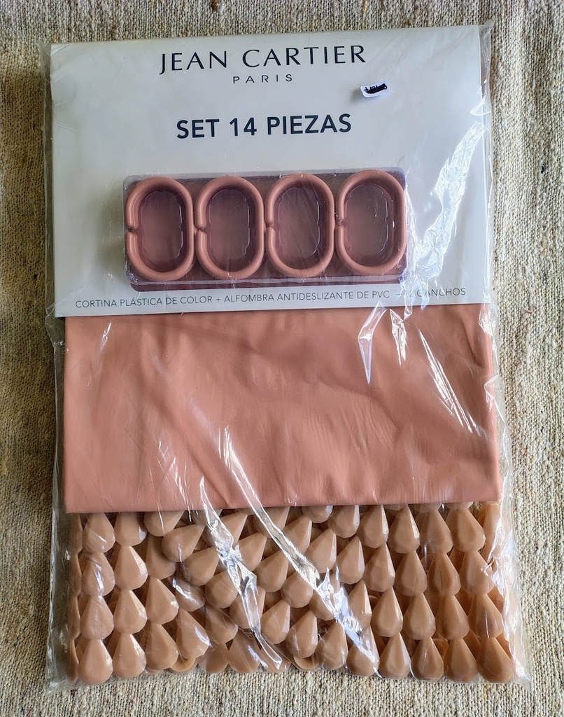 Set cortina de baño plástica con alfombra antideslizante PVC y ganchos - Jean Cartier