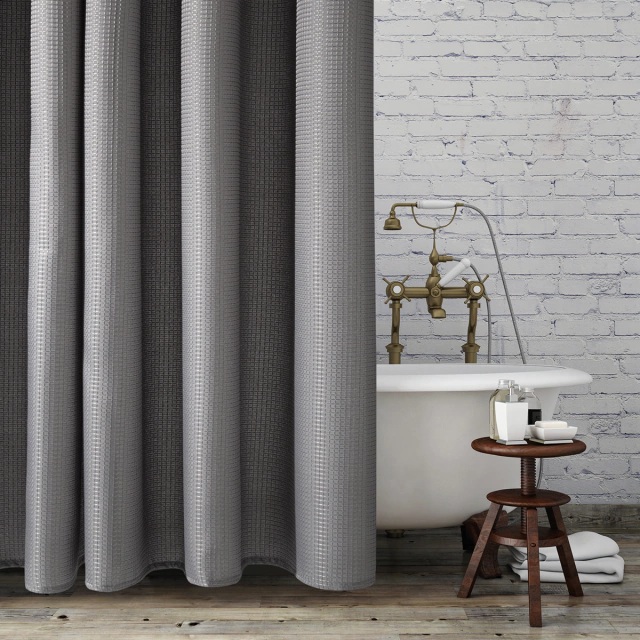 Set cortina de baño teflonada simil waffle + 12 ganchos rollers metalicos - Jean Cartier 