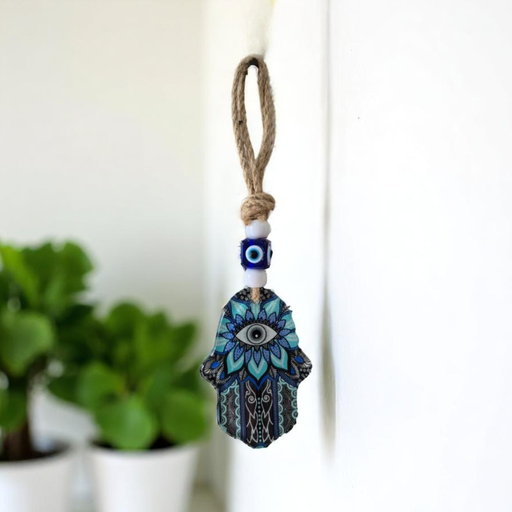 Colgante mano de fatima de vidrio 'Ojo turco'