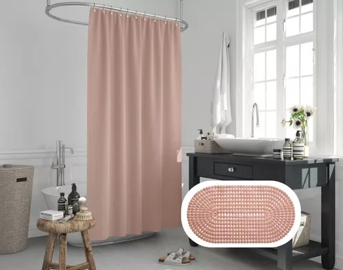 Set cortina de baño plástica con alfombra antideslizante PVC y ganchos - Jean Cartier